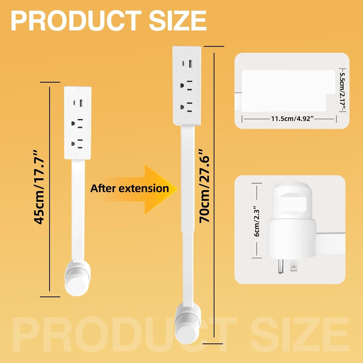 Electrical Outlet Extender Features USB-A, USB-C, and 2 AC Electrical Outlet Extender Stick for Hard to Reach Spaces Extends 22"-27", Rotates 180°. Use Behind Couches, Nightstands, Desks, and More