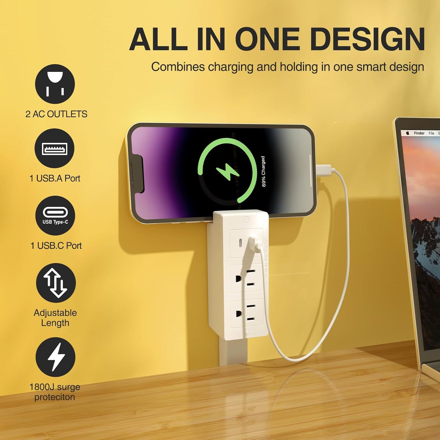 Electrical Outlet Extender Features USB-A, USB-C, and 2 AC Electrical Outlet Extender Stick for Hard to Reach Spaces Extends 22"-27", Rotates 180°. Use Behind Couches, Nightstands, Desks, and More